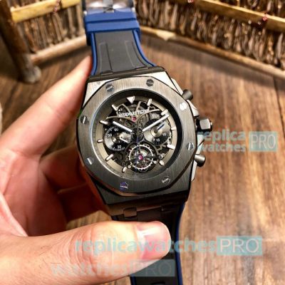 Copy Audemars Piguet Royal Oak Black Chronograph Dial Black & Blue Rubber Strap Watch